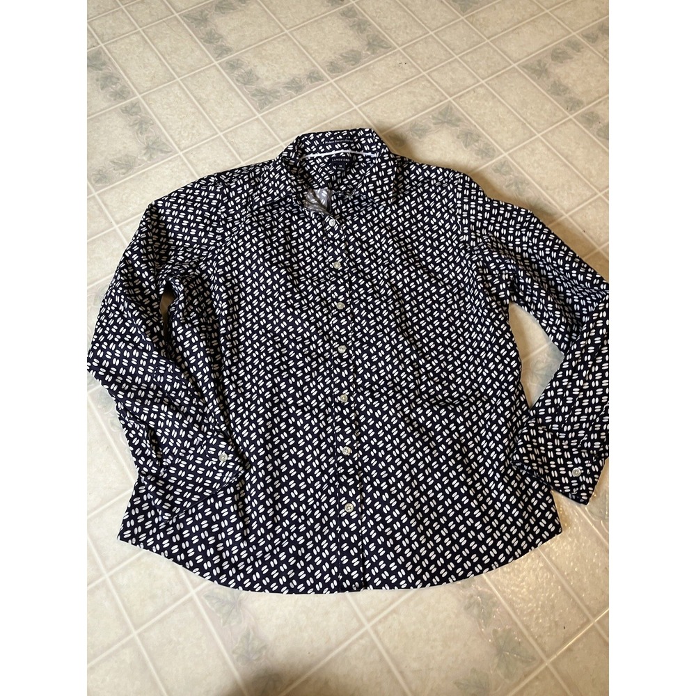 Lands' End Sz 16 Navy Blue Dot No Iron Cotton Pinpoint Oxford Button Down